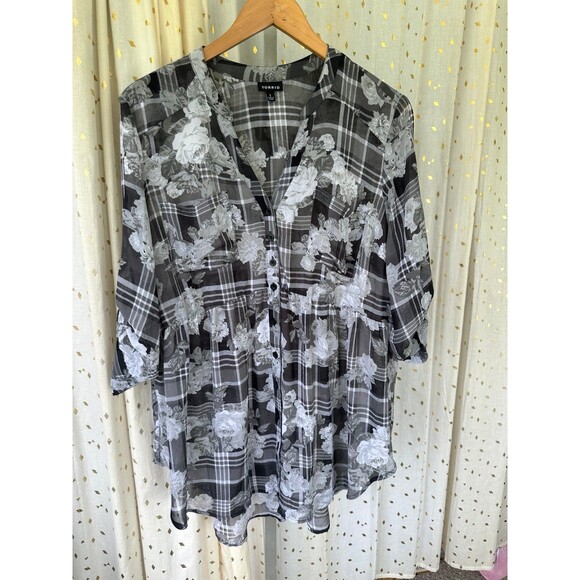 Torrid Emma Sheer Floral Plaid Chiffon Mandarin Collar Tunic Babydoll Blouse 1X - Picture 2 of 10